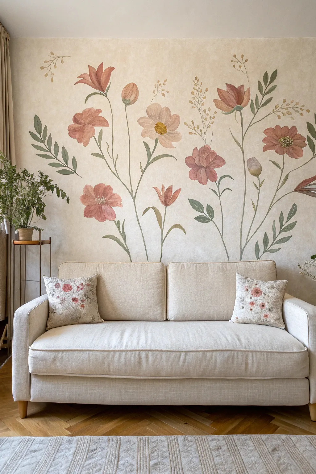 Negative-space florals frame the sofa, keeping the mural clear and calm where the furniture sits.