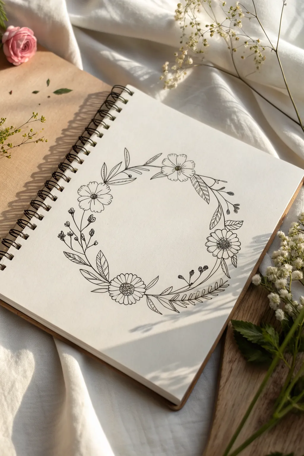 Easy circular floral wreath drawing with a clean blank center, minimalist lines, and soft boho color.