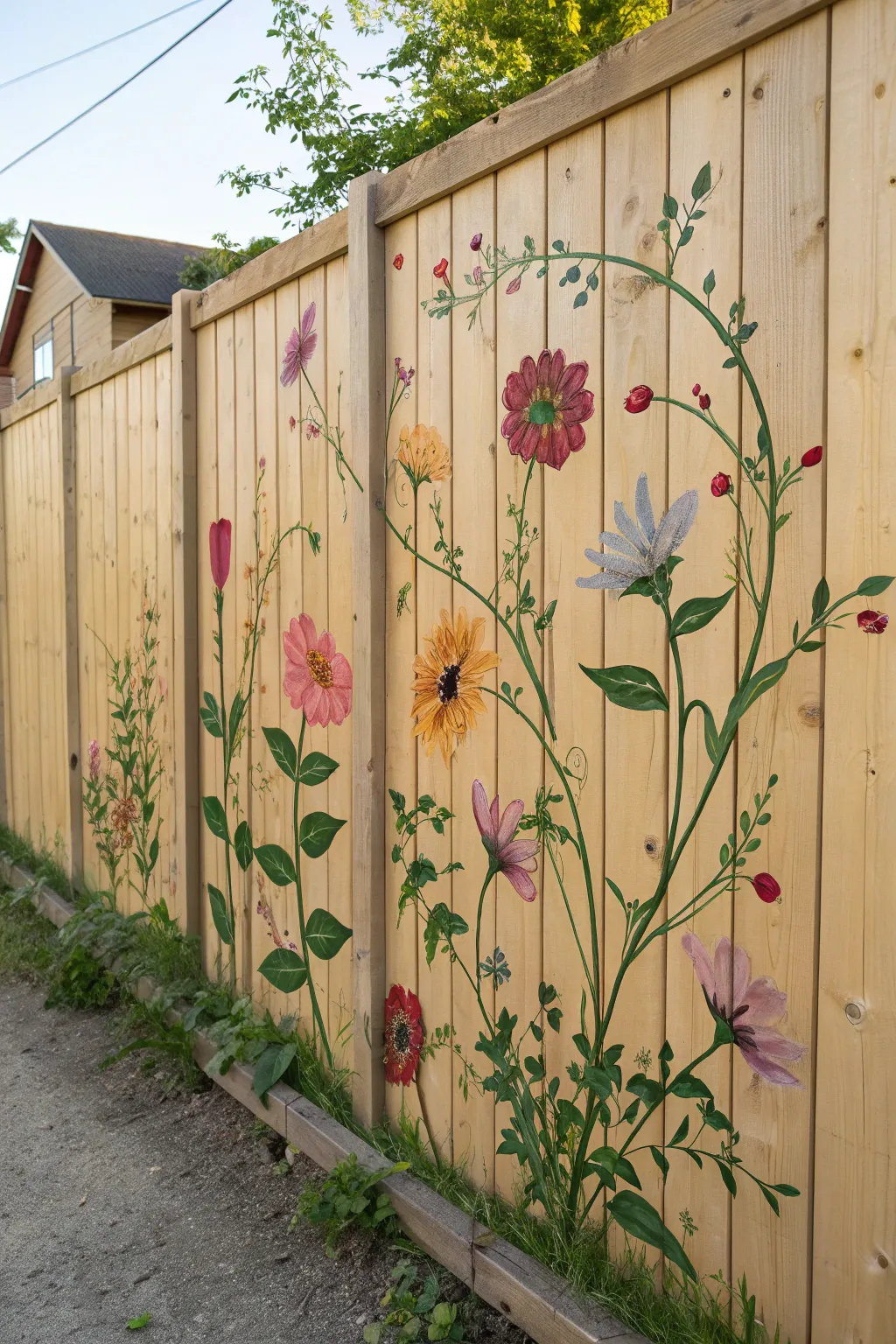 Fence mural florals that spill and climb like an escaping garden, crisp contrast and handmade charm
