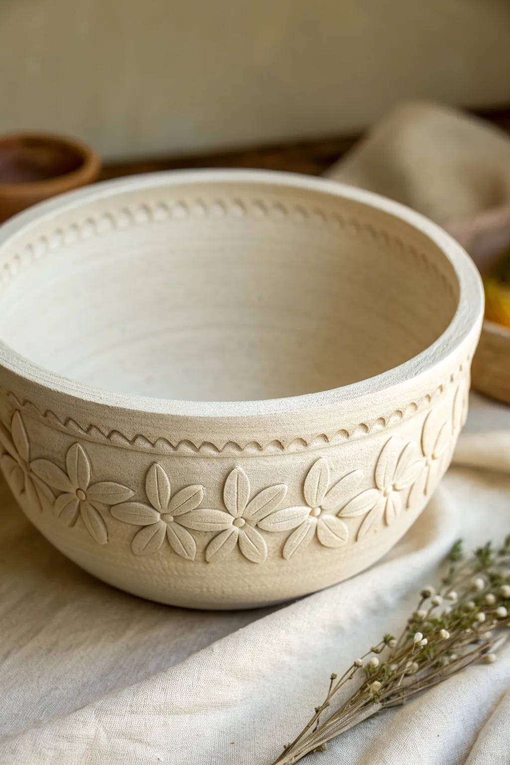 Simple carved flower border on a minimalist clay bowl, perfect for elegant pottery inspiration.