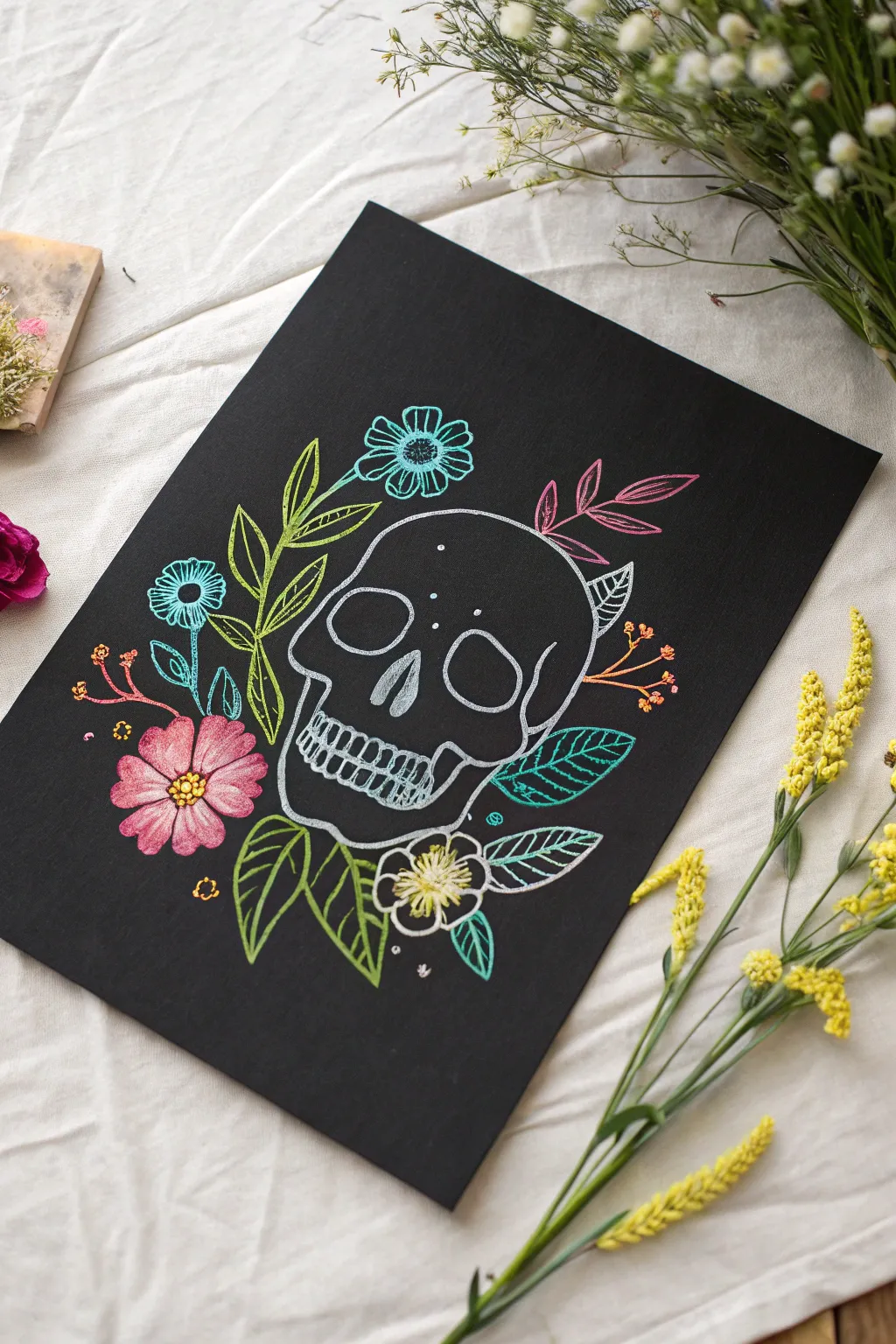 DIY neon skull and flowers that glow under UV light, bold contrast on minimalist black paper