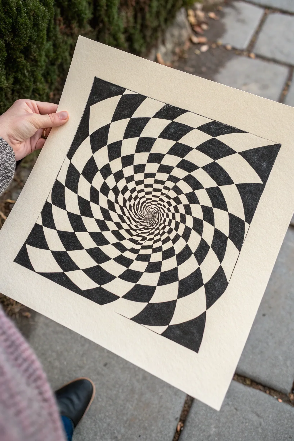 Create a mesmerizing tunnel illusion with bold black and white waves that converge at one center point