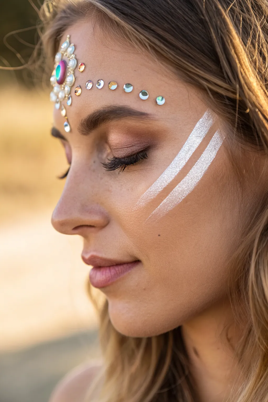 Clustered face gems over team-color paint for a chic, minimalist game-day sparkle