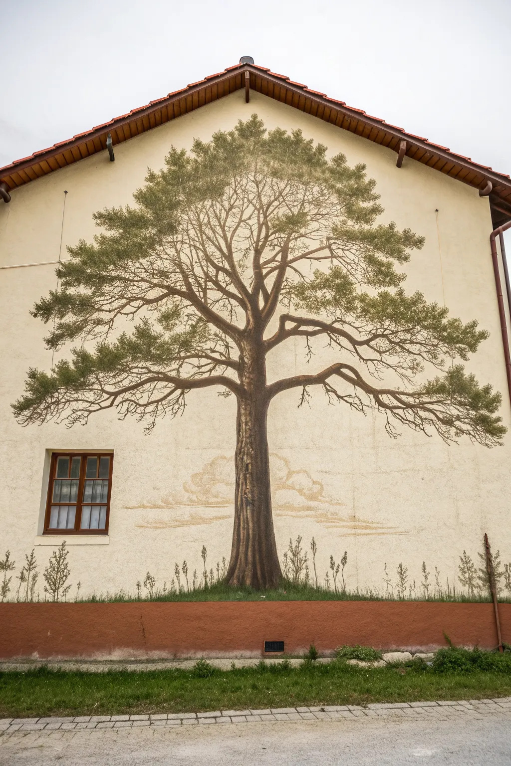 One giant tree mural: simple silhouette, calm Scandinavian vibe, bold contrast for a forest feel