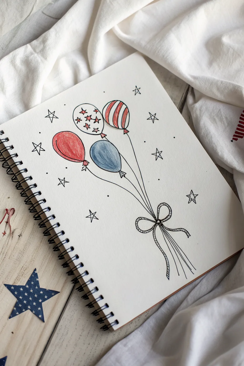 Simple Fourth of July balloon bouquet doodle with tiny stars, perfect for minimalist sketchbooks