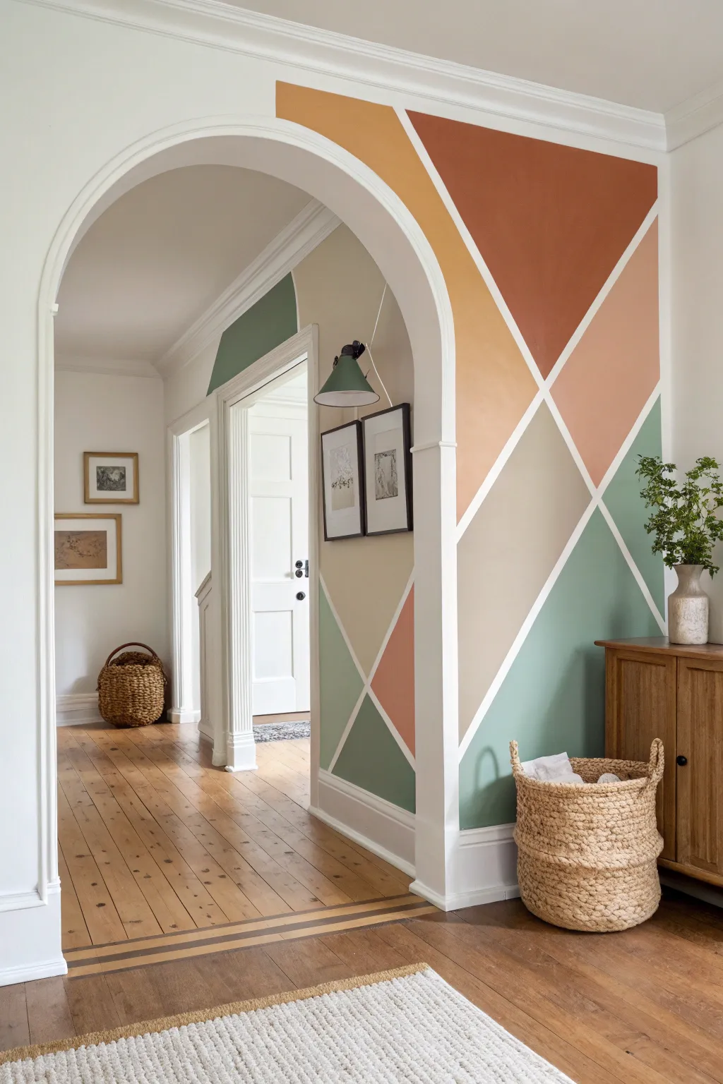 Simple geometric color-blocking in a foyer, taped edges and calm Scandinavian tones
