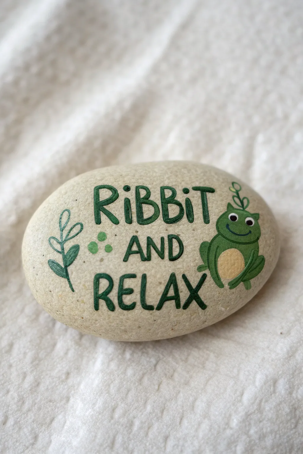 Minimal frog rock with curved pun lettering in calm boho neutrals, ready to copy and paint.