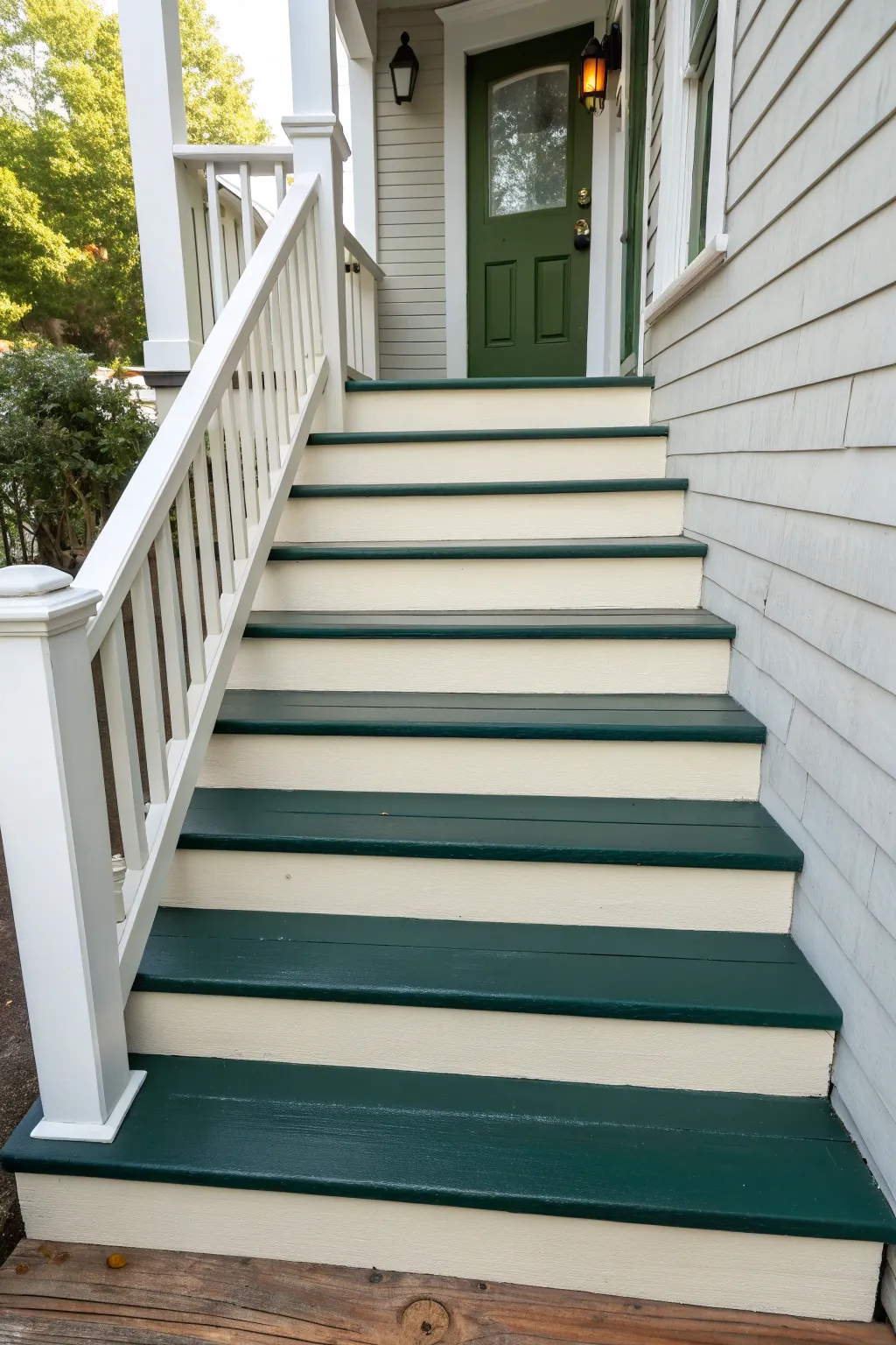 Crisp high-contrast porch steps with light risers and dark treads for a tailored entry.