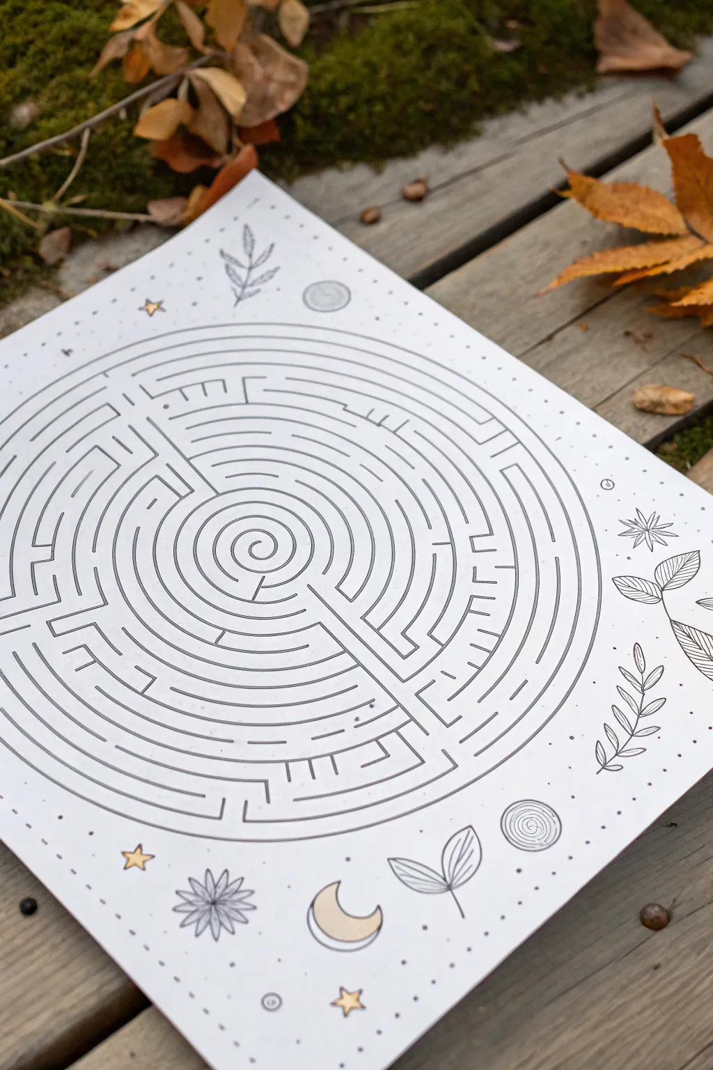 Continuous-line maze fills the whole page, bold routes and tiny icons for an irresistible challenge