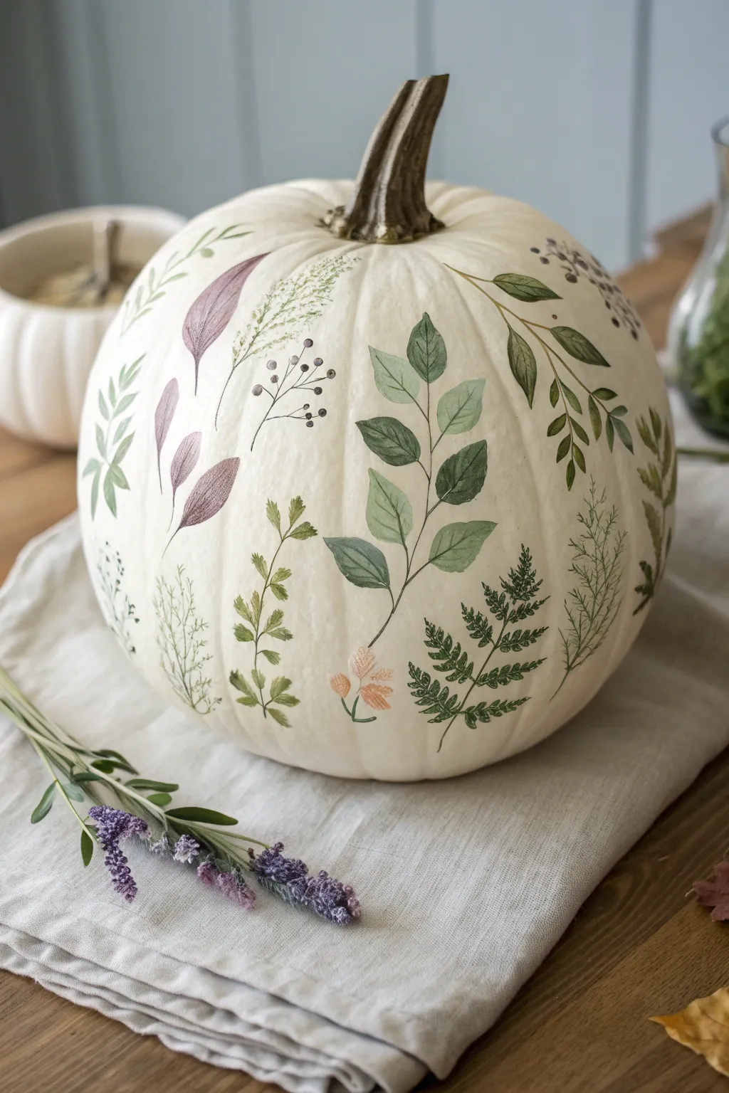 Botanical stencil garden pumpkin in soft greens and florals for a calm, modern fall vibe