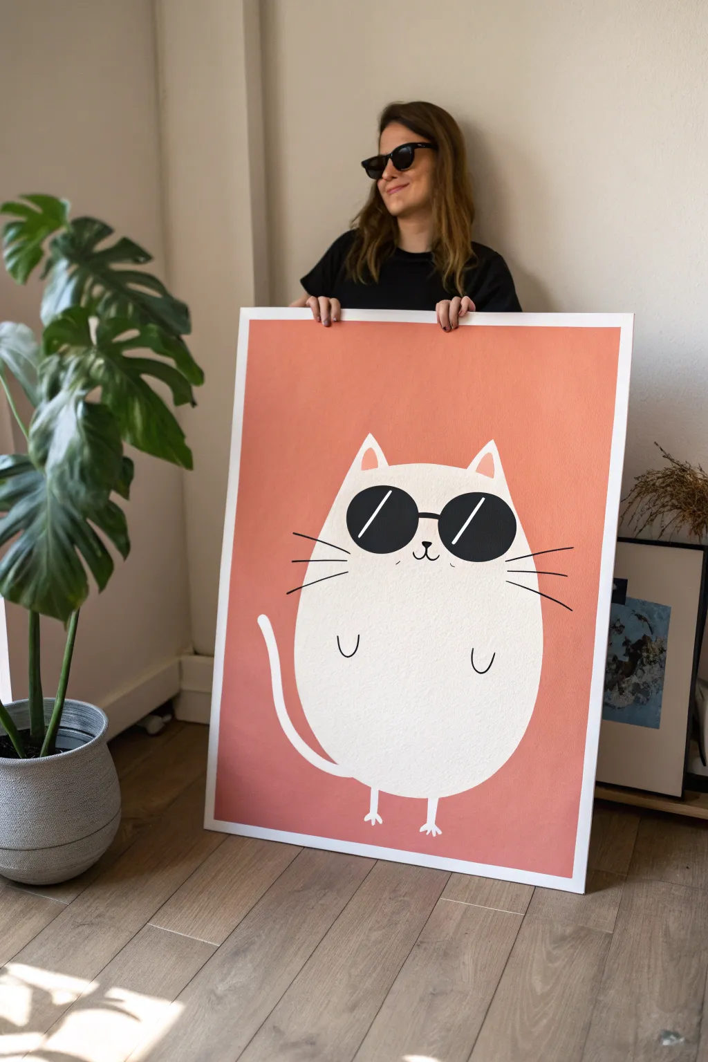 Minimalist flat-color comedy poster with one quirky character and bold contrast for easy laughs