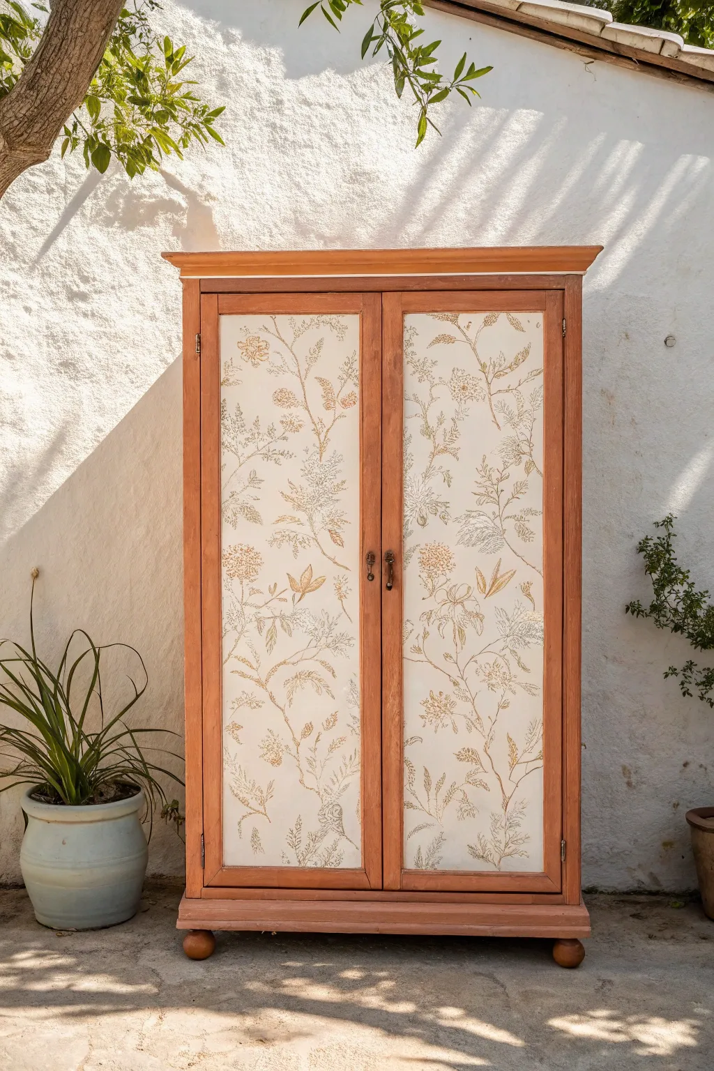 Painted cabinet with decoupage panels and bold frames, a minimalist statement piece.