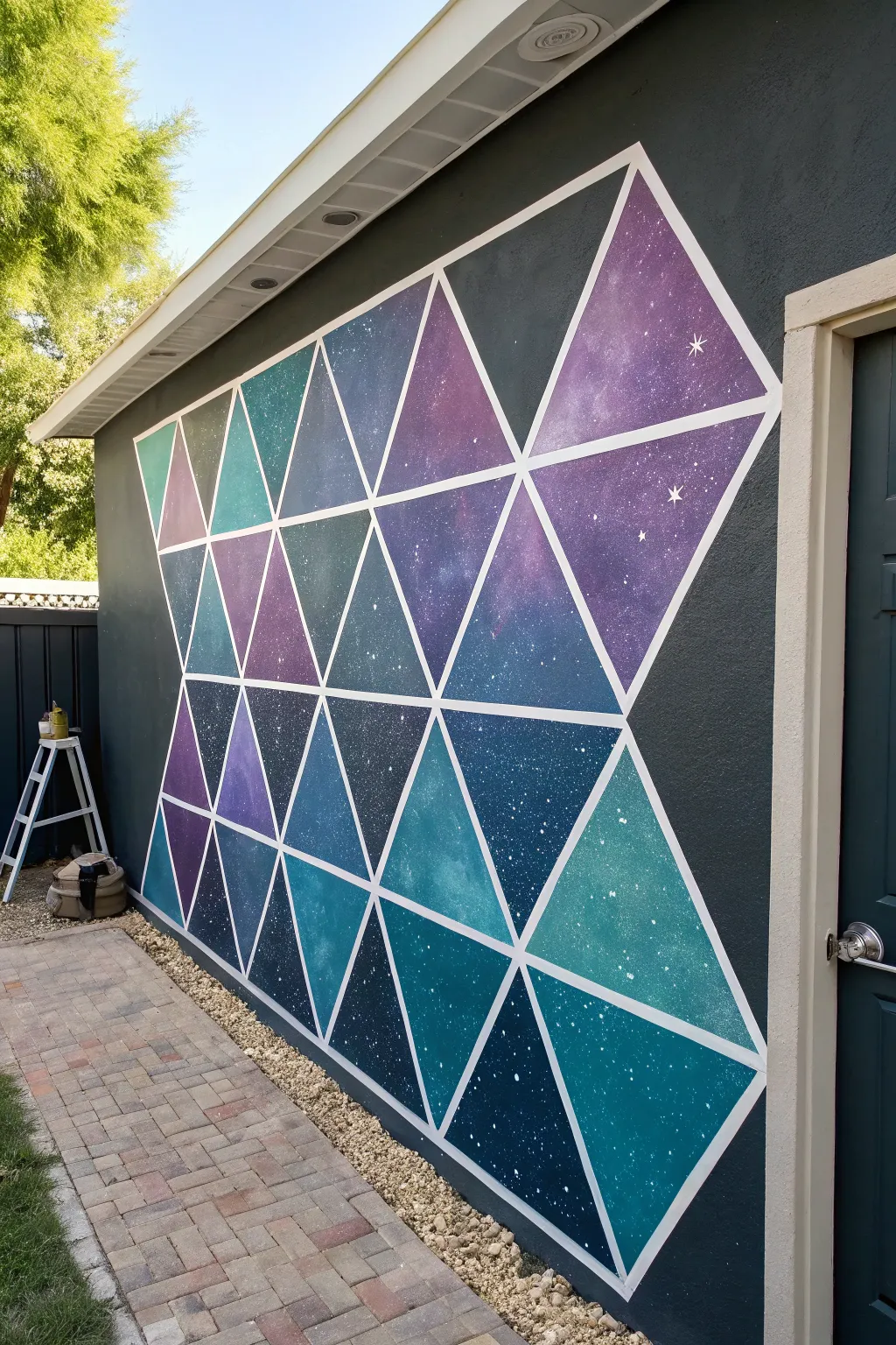 Tape-resist galaxy geometry with crisp edges and dreamy nebula blends on a dark wall