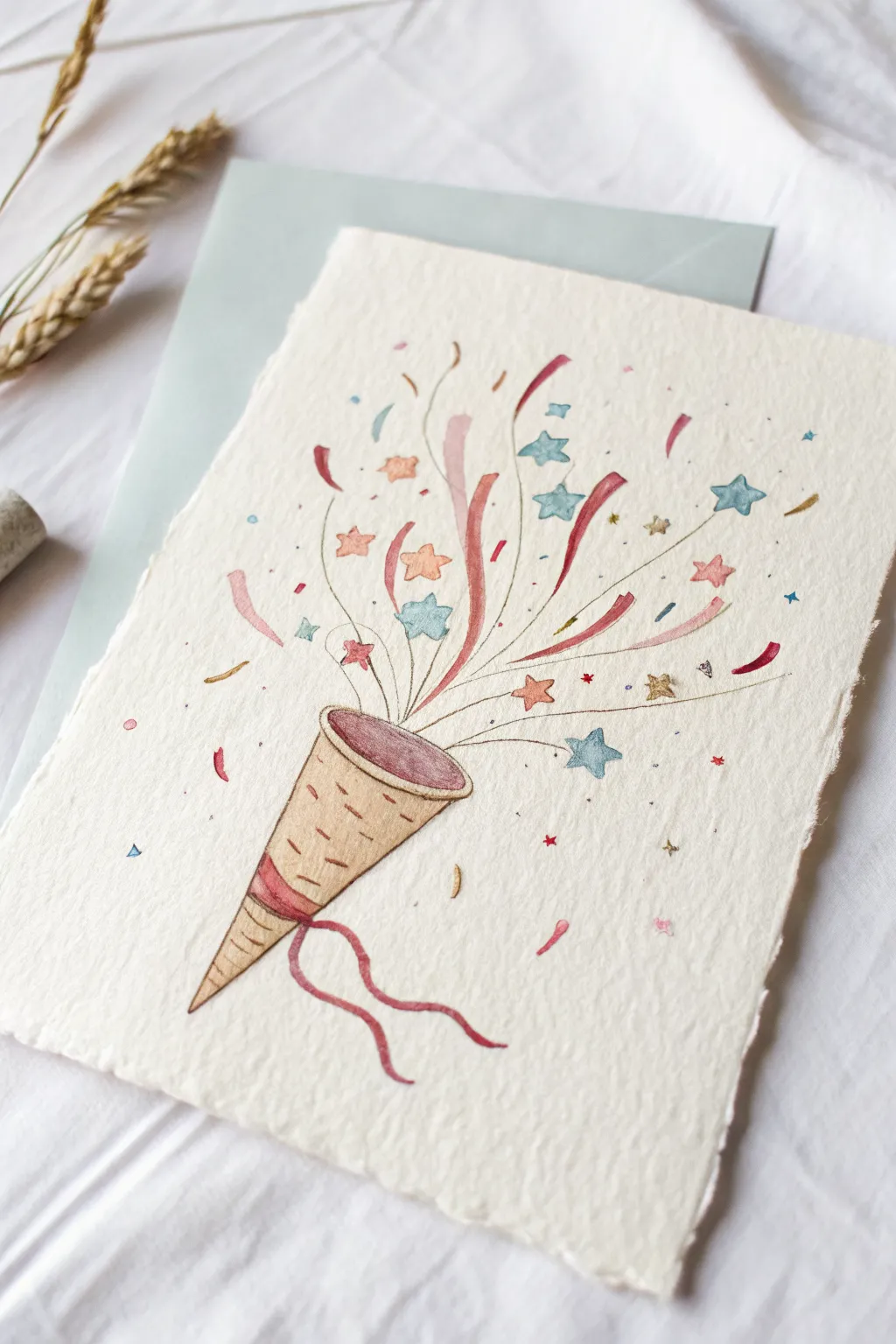 Minimal party popper drawing with neutral confetti fading into bold pink or blue reveal burst