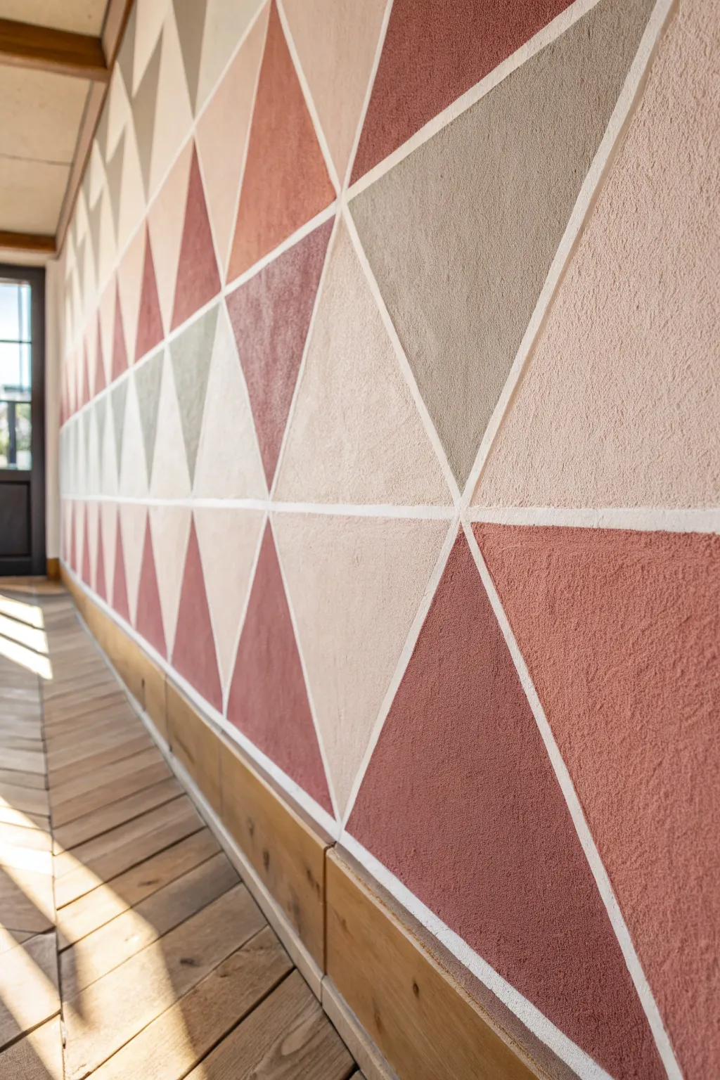 Monochrome geometric wall blocks in blush tones, crisp taped edges and subtle gradients.