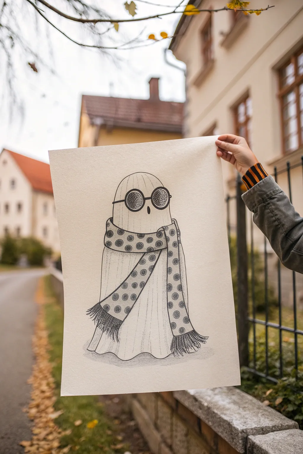 Minimal ghost sketch with bold round glasses and a cozy striped scarf, perfect for cute spooky art.
