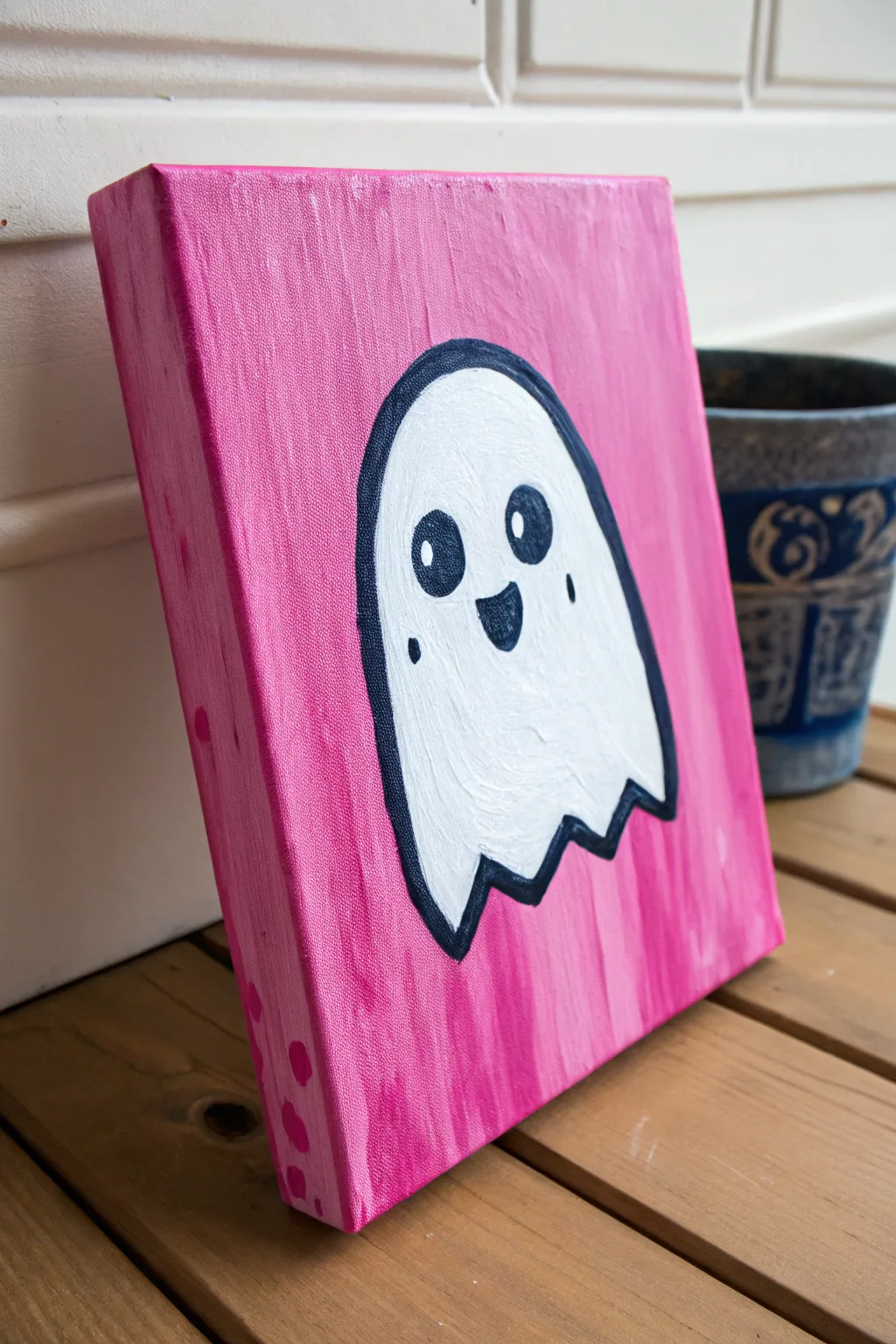 Bold pop background and a cute white ghost, high contrast, minimalist Scandinavian with boho warmth