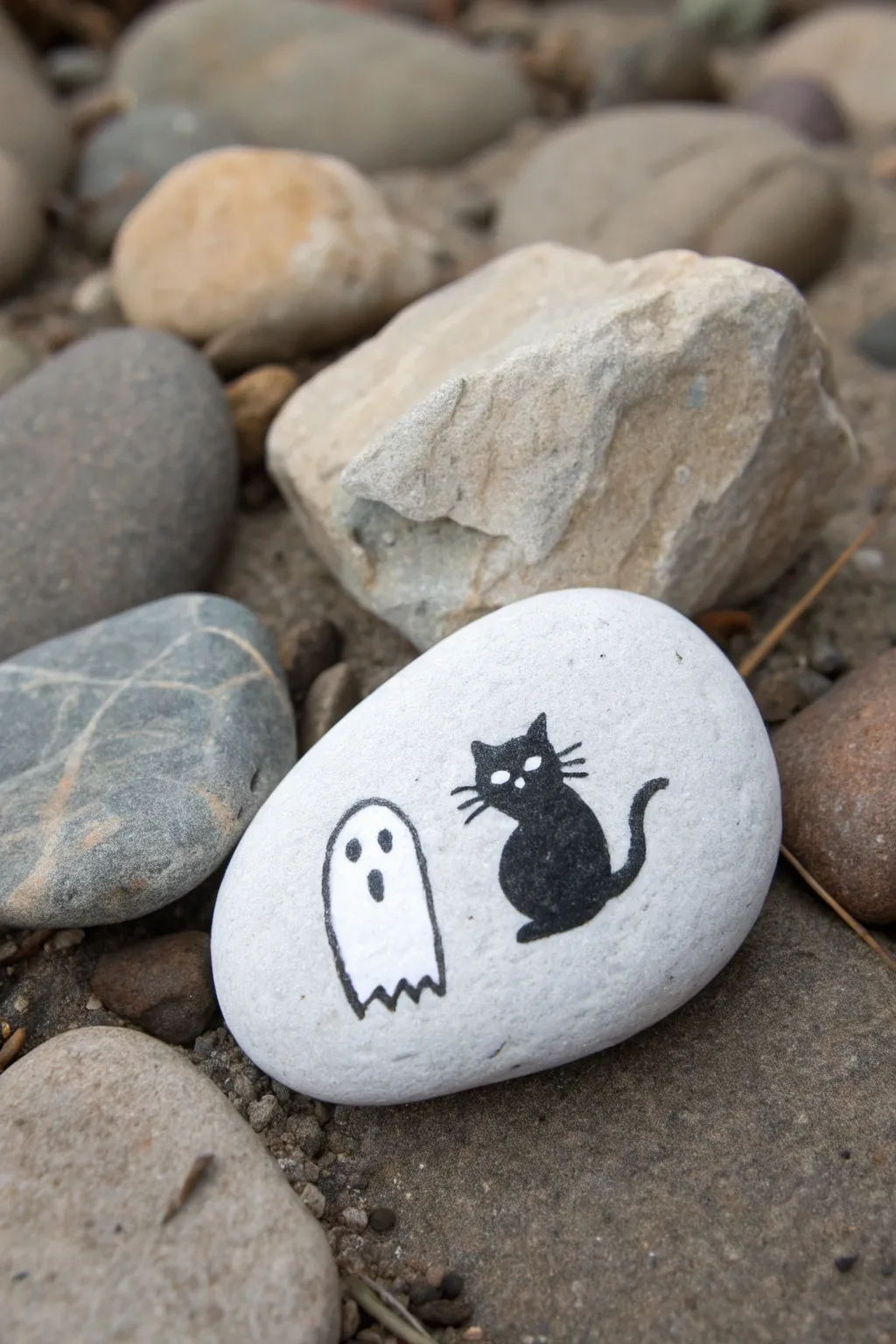 Cozy ghost and black cat buddy rock painting idea in minimalist Scandinavian boho style