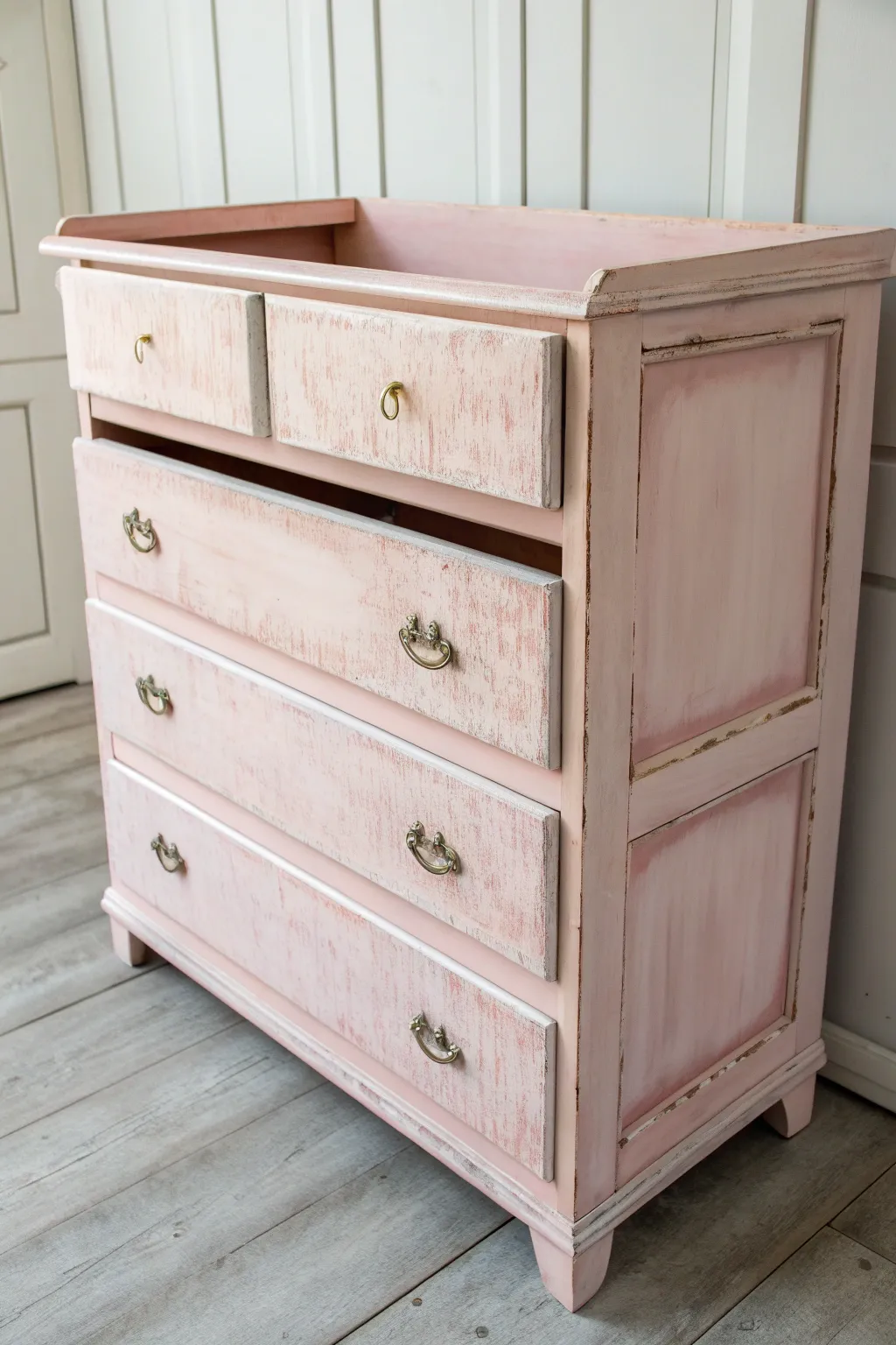 Soft pastel distressed dresser with sanded edges, vintage charm in a calm boho nursery nook
