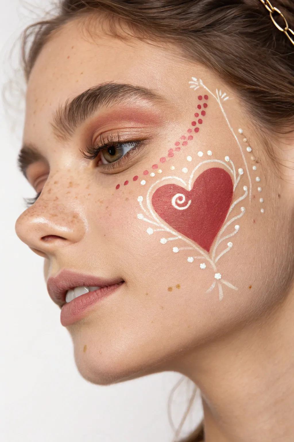 Minimal heart cheek tattoo with fine filigree swirls, clean palette, modern boho vibe.