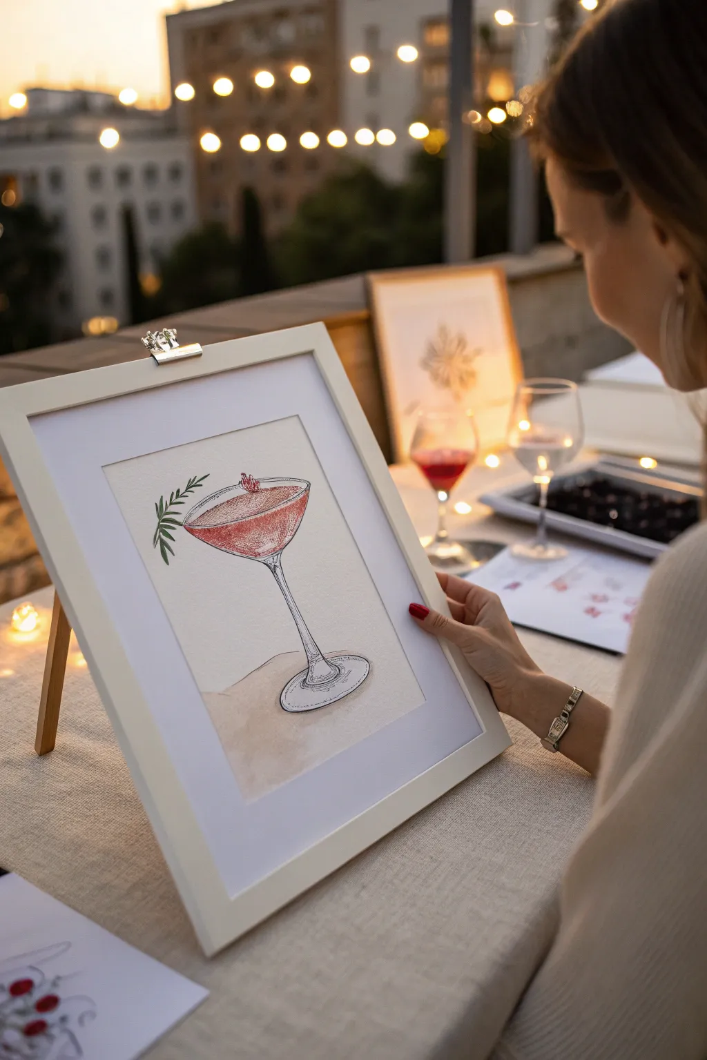 Blind color-swap girls night: one cocktail glass painting in focus, palettes flying, laughs everywhere