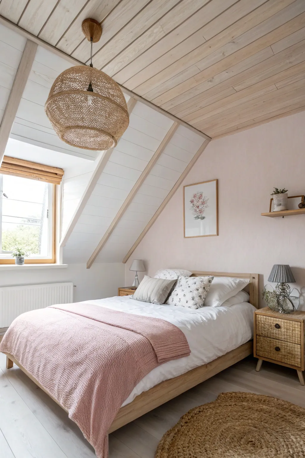 A soft blush ceiling tint wraps a neutral girls room in cozy Scandinavian calm.