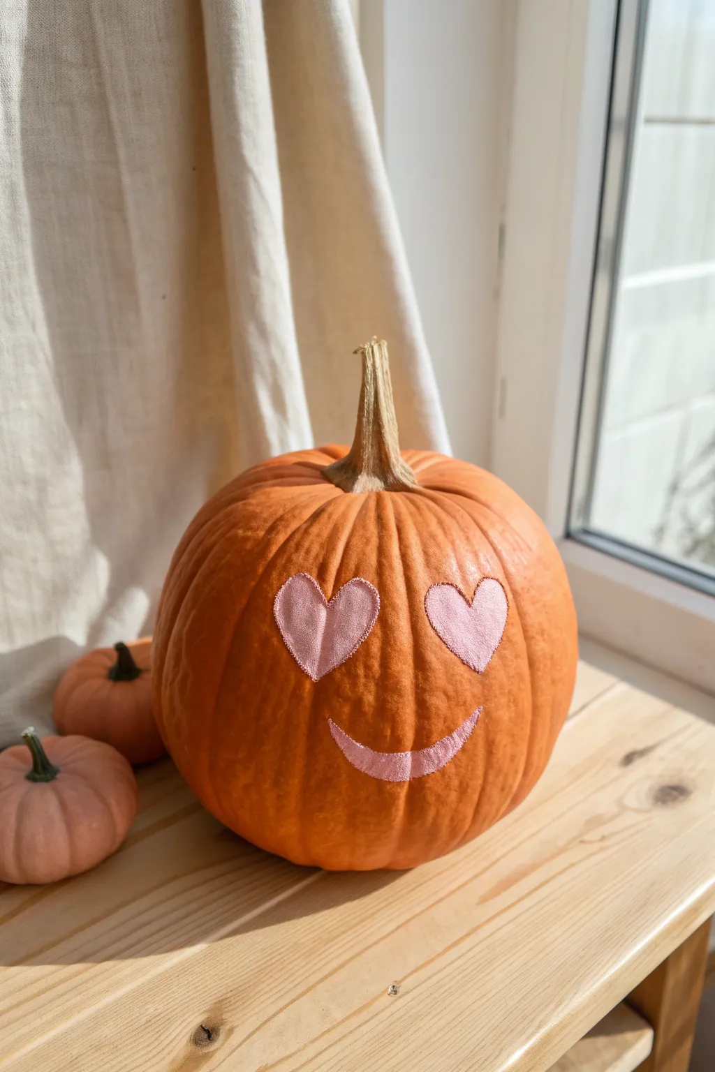 Sweet heart-eye pumpkin in soft daylight, minimalist styling for the cutest girly fall vibe