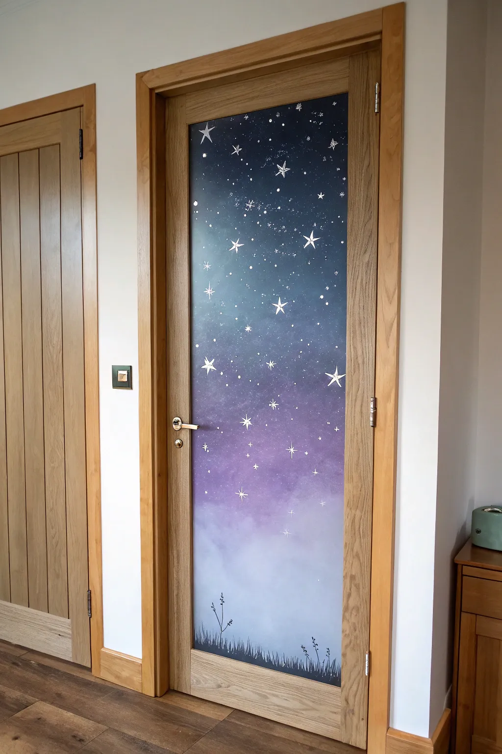 Moody galaxy wash on a glass door panel, indigo to violet with tiny stars and constellations