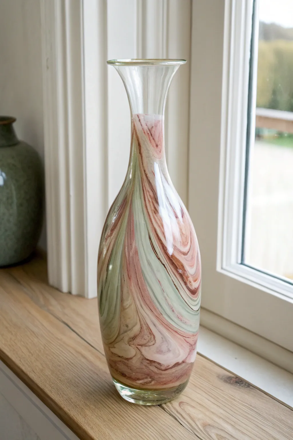 Marbled swirl dip-painted vase glowing in soft window light, minimal and elegantly boho