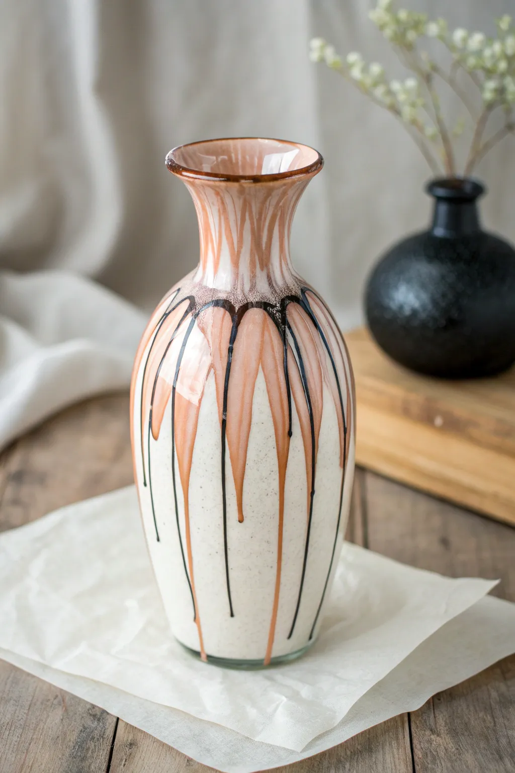 Vertical paint streams dripping from the rim turn a simple glass vase into modern boho art