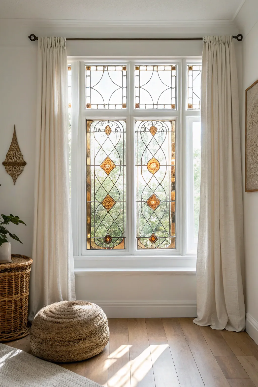 Sunlit stained glass panel turns a minimalist living room into a dreamy, colorful focal point.