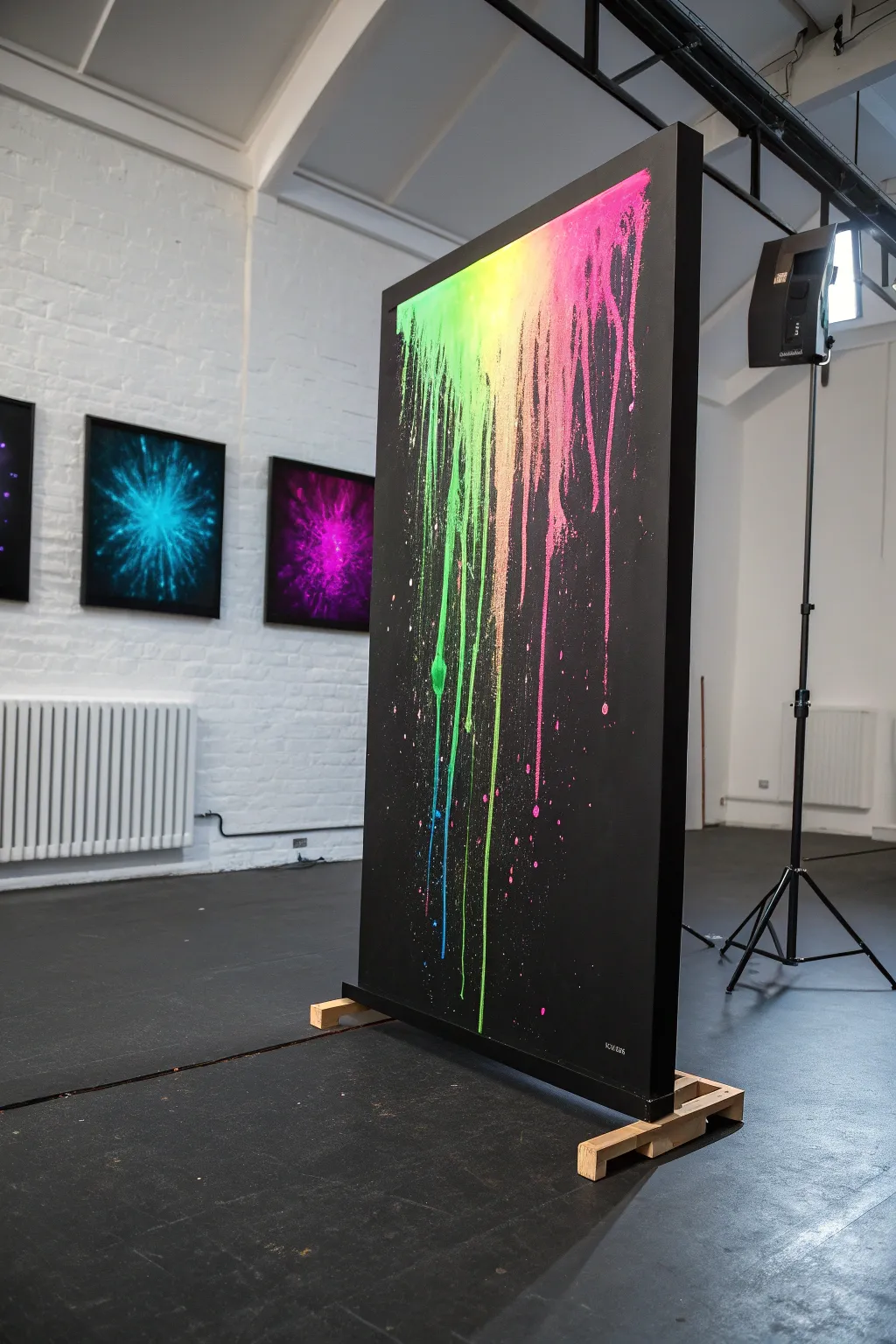 Easy neon glow drip-and-splatter abstract on black, minimalist and striking under UV light