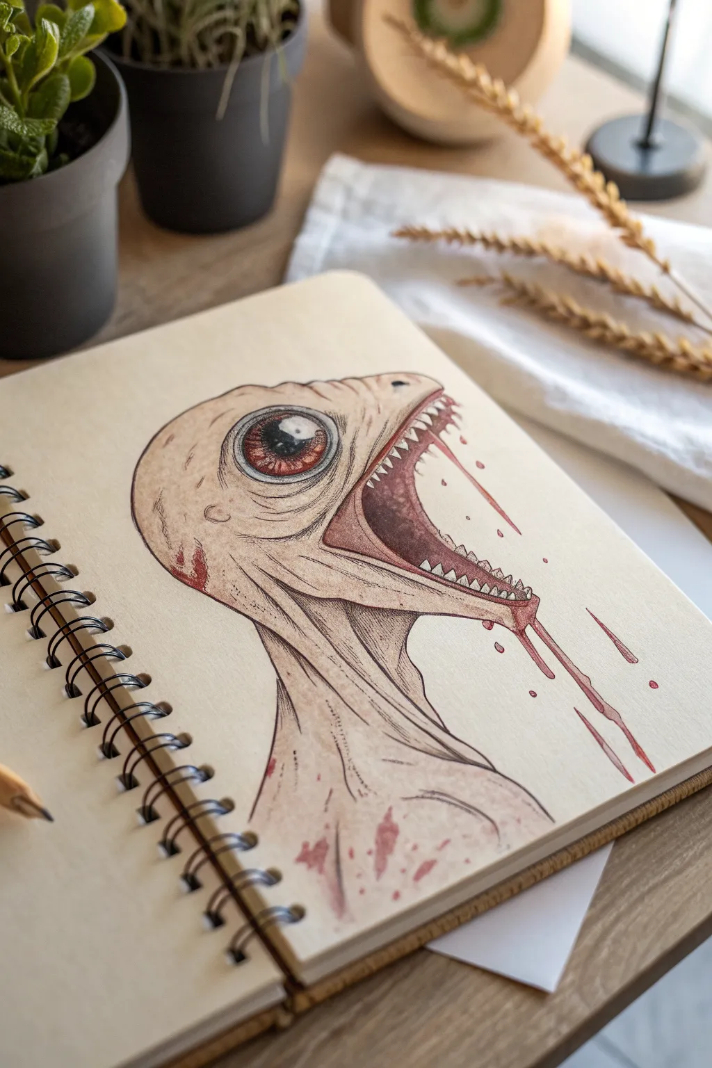 Surreal eye-in-mouth creature drawing idea in minimalist boho tones with vivid crimson drool.