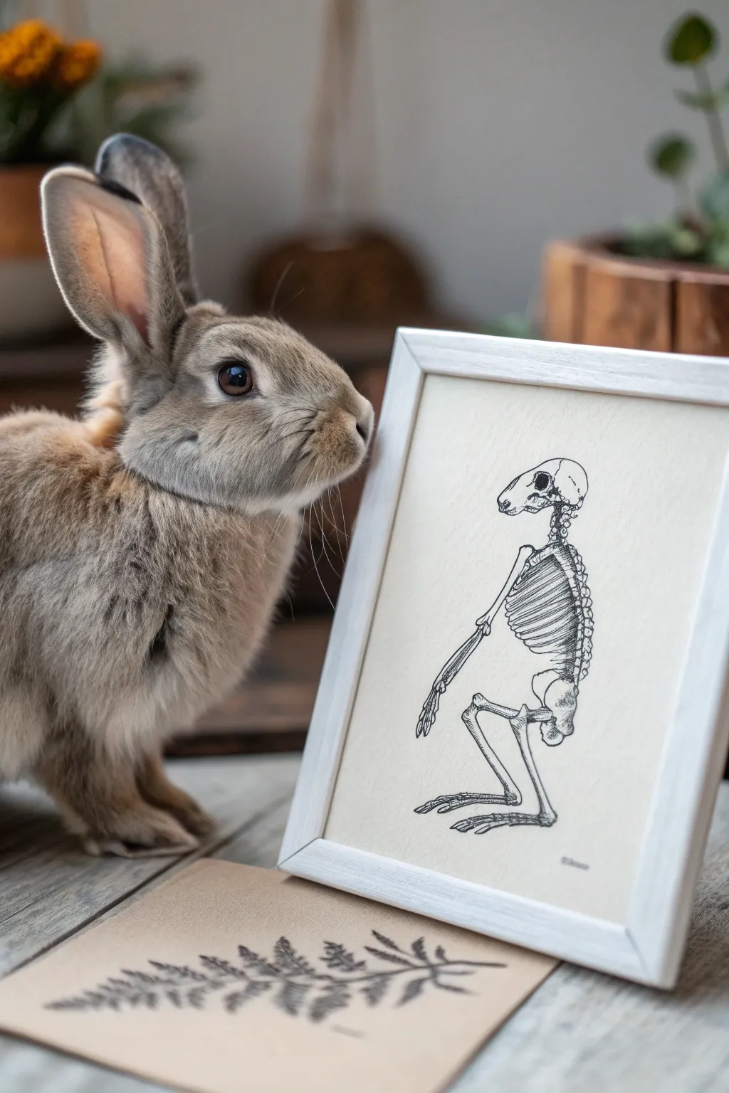 Memento mori rabbit hybrid in minimalist boho neutrals, where life and bone meet in stark contrast