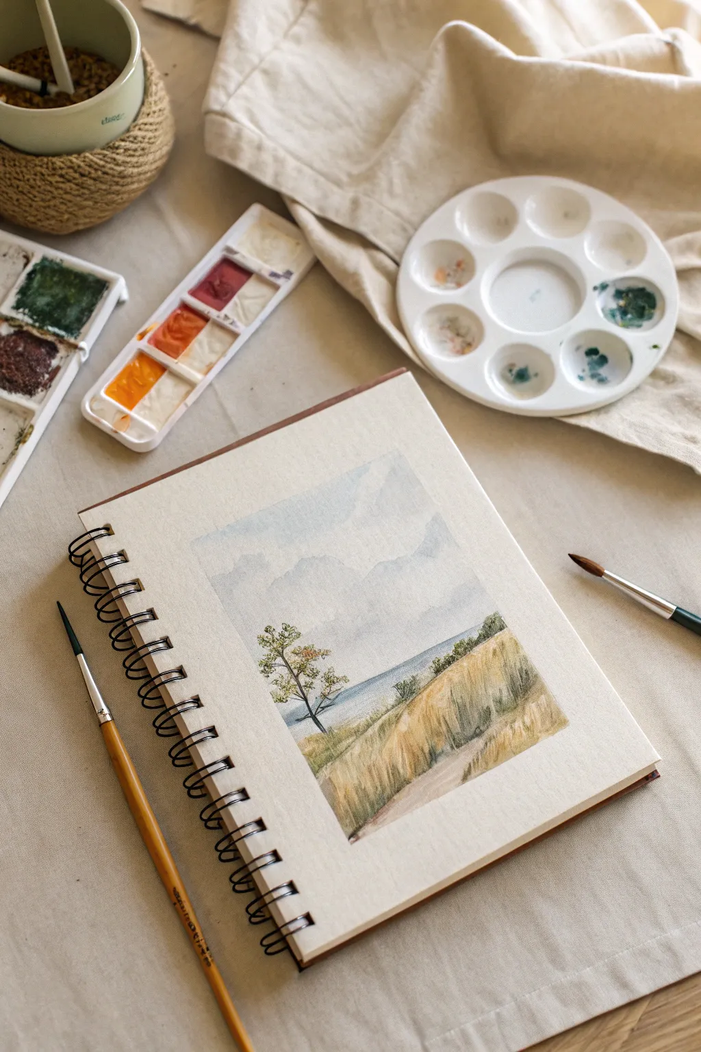 Cozy flat-lay of a gouache mini painting with palette, brush, and soothing swatches.