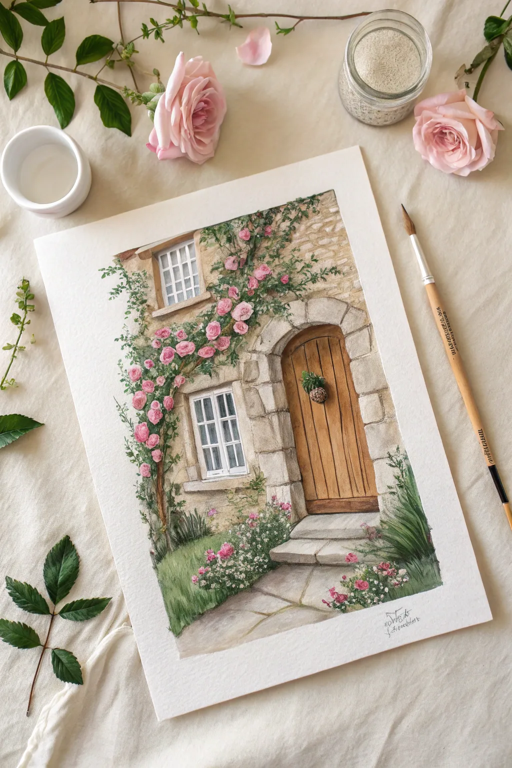 Capture storybook charm with this lovely stone cottage gouache painting idea.
