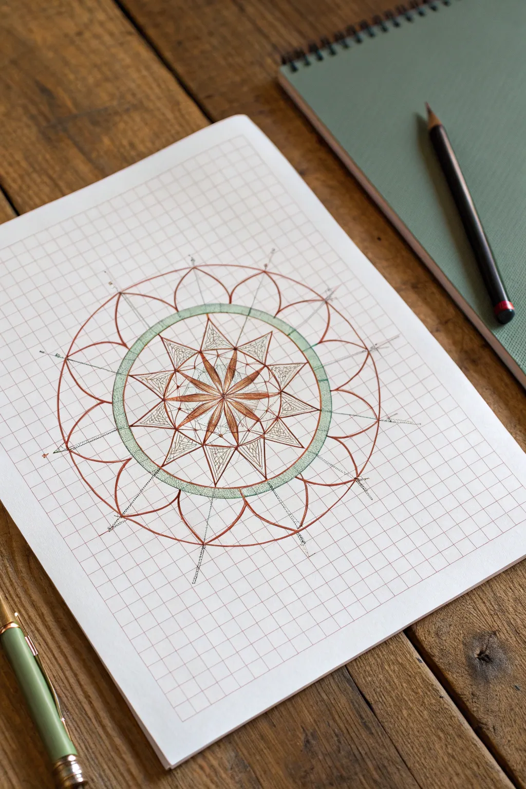 Crisp mandala symmetry on graph paper, centered on the axes for clean, calming pattern ideas.
