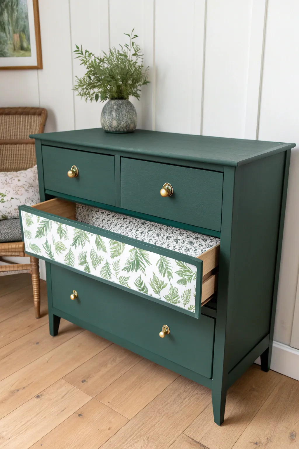 A matte green dresser with a drawer open, showcasing botanical lining for subtle boho charm.