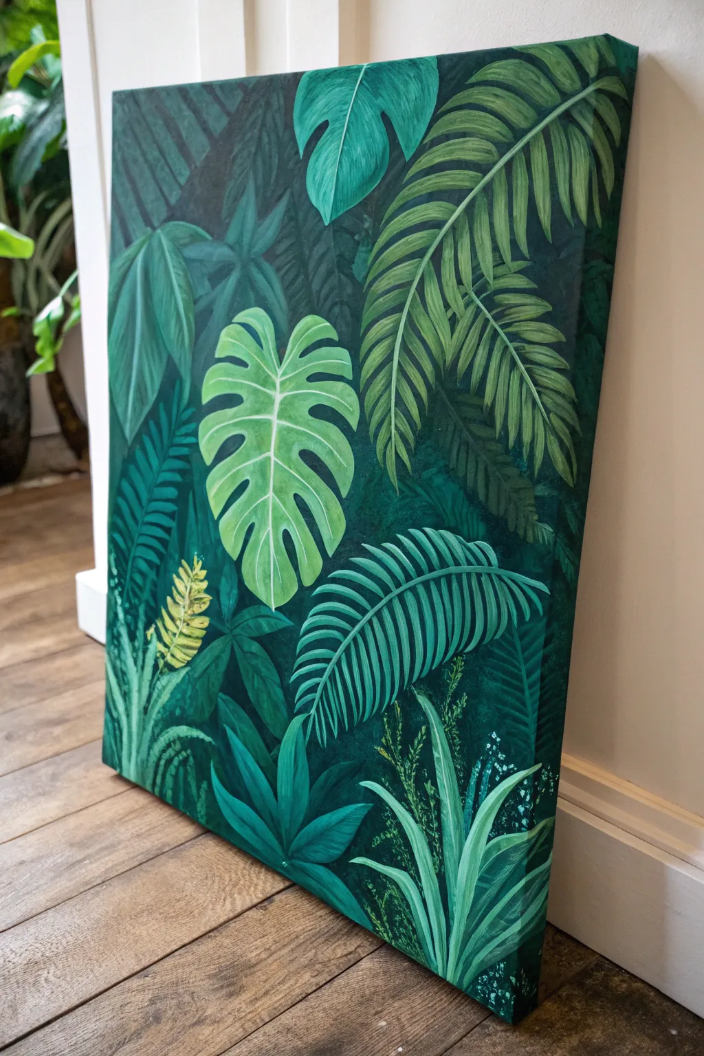 Deep green jungle layers on canvas: overlapping leaf silhouettes with bright green highlights