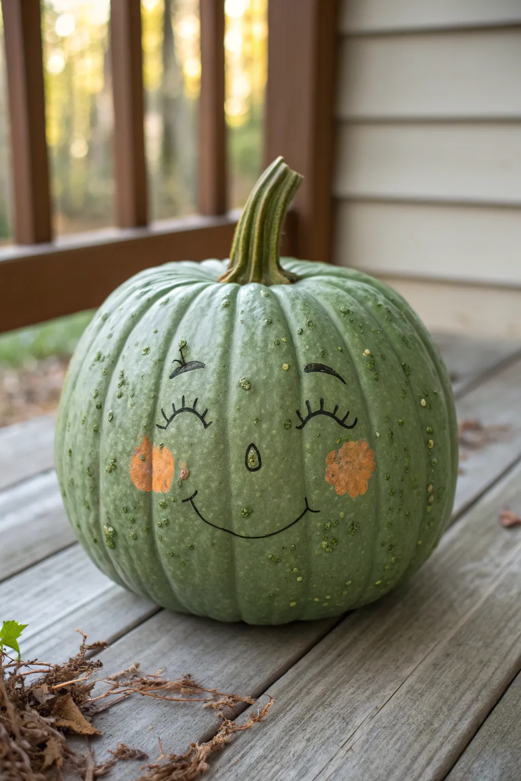 Mossy green pumpkin with a subtle forest spirit face, minimalist and earthy on weathered wood