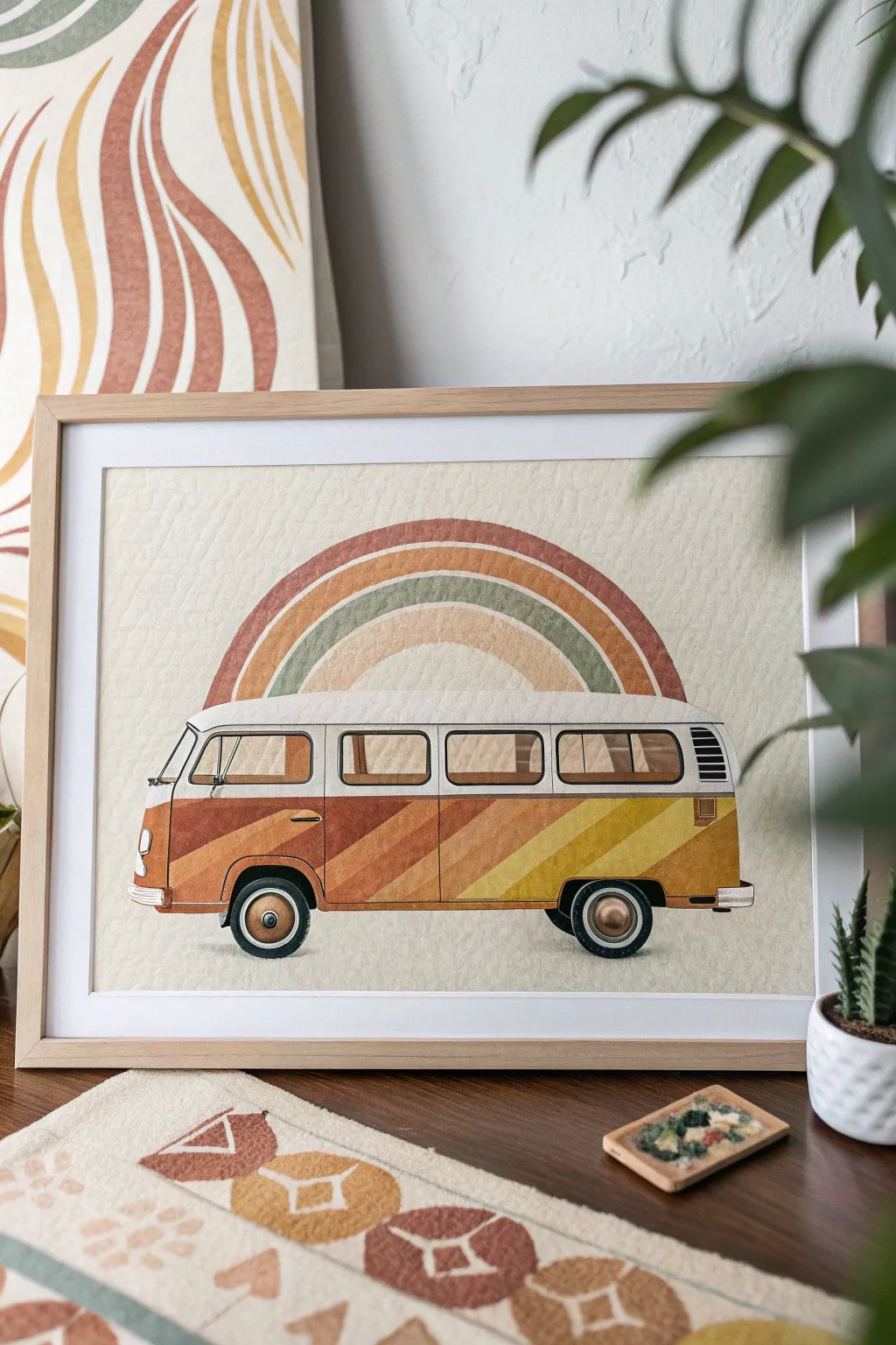 Groovy retro van painting idea with bold patterns, wavy rainbow sky, and oversized flowers