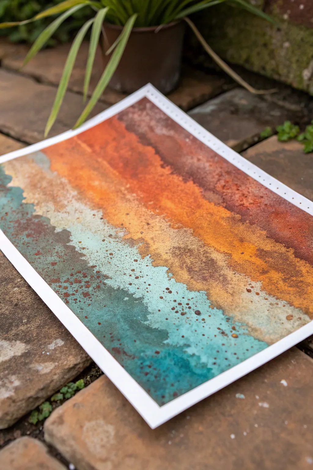 Rust and corrosion palette study with grunge speckles, minimalist Scandinavian boho vibe