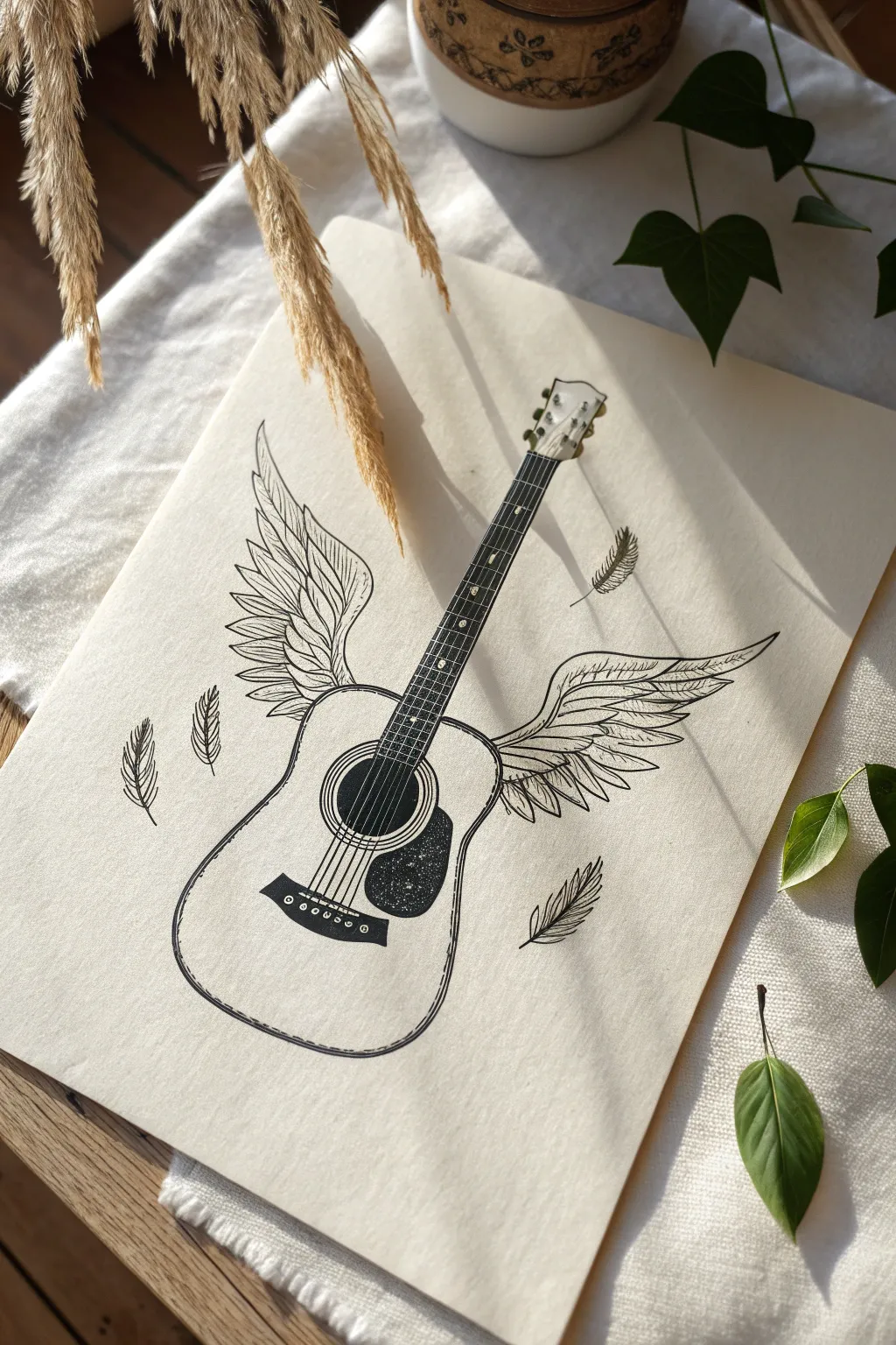 Minimalist guitar with airy wings and a soft halo, perfect for dreamy drawing inspiration.