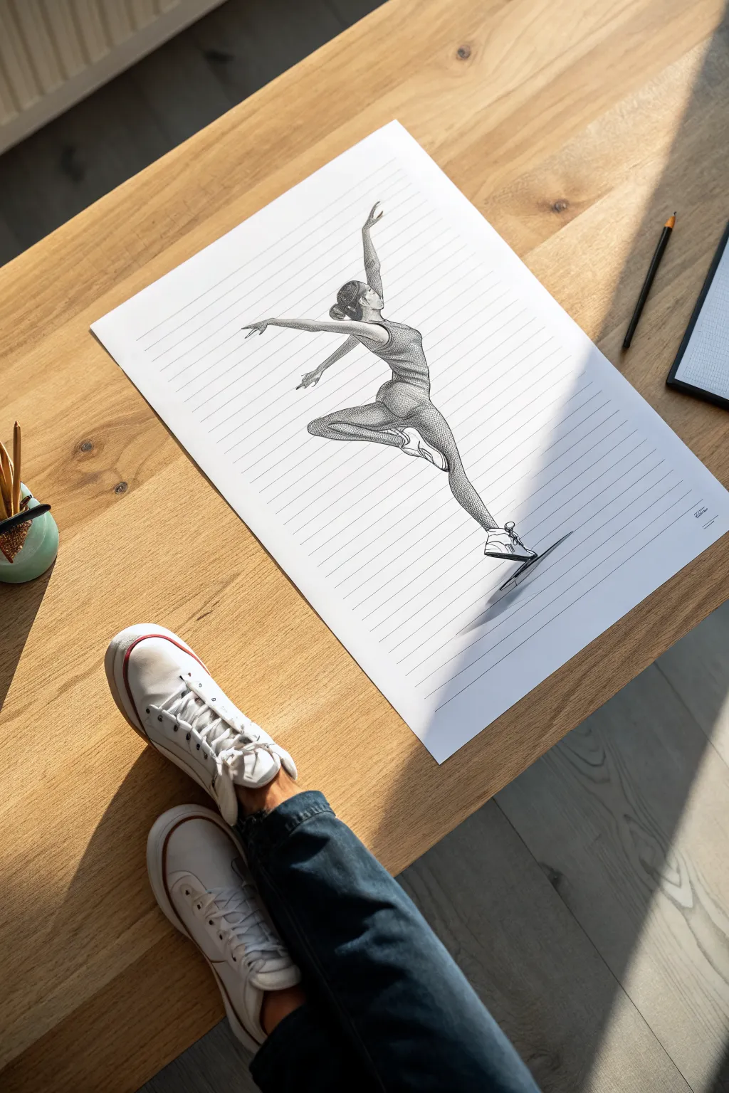 Foreshortened vault takeoff sketch reference with bold contrast and minimalist styling.