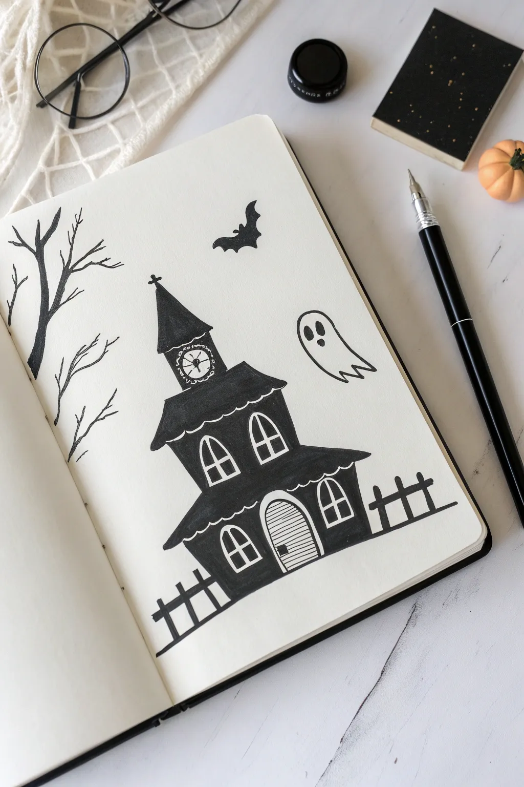 Easy Halloween doodle: a wonky cartoon haunted house with a friendly ghost in the window
