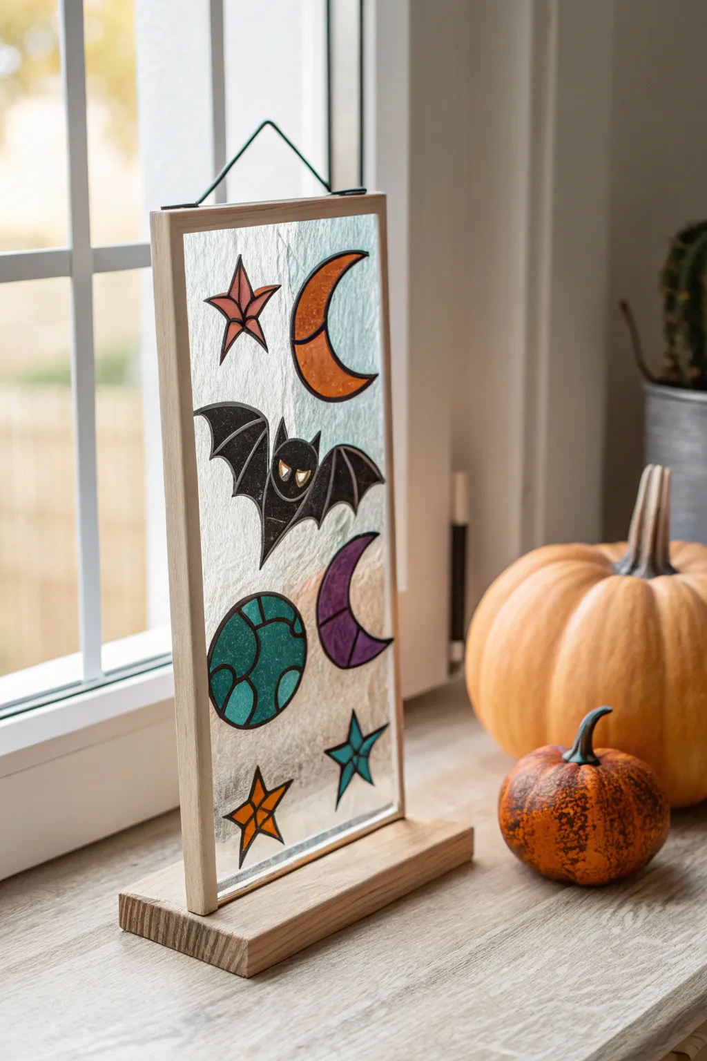 Paint glowing faux stained-glass bats, moons, and pumpkins with simple black outlines.