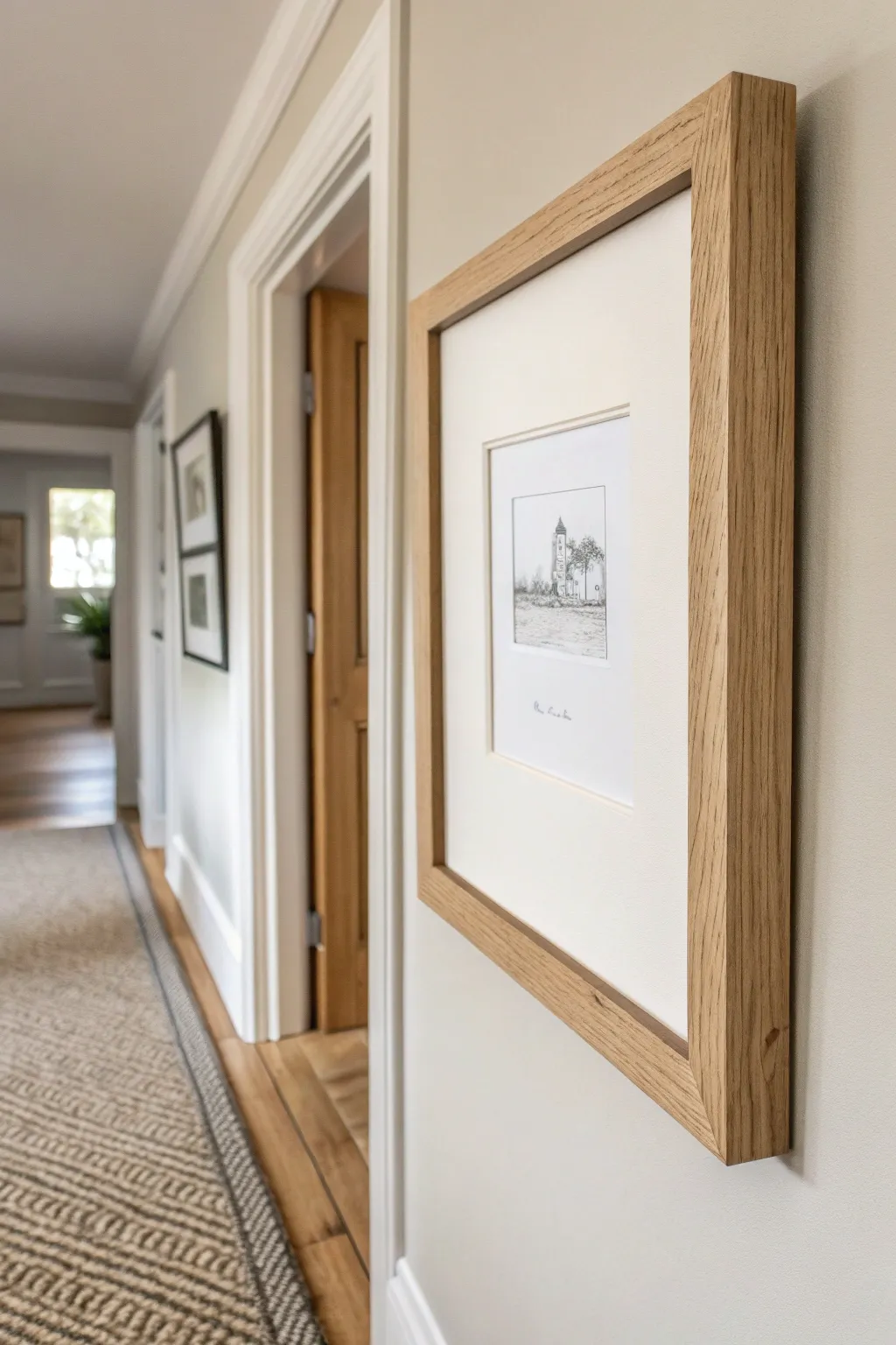 Match frame finishes and mats to carry hallway style seamlessly into the next room.