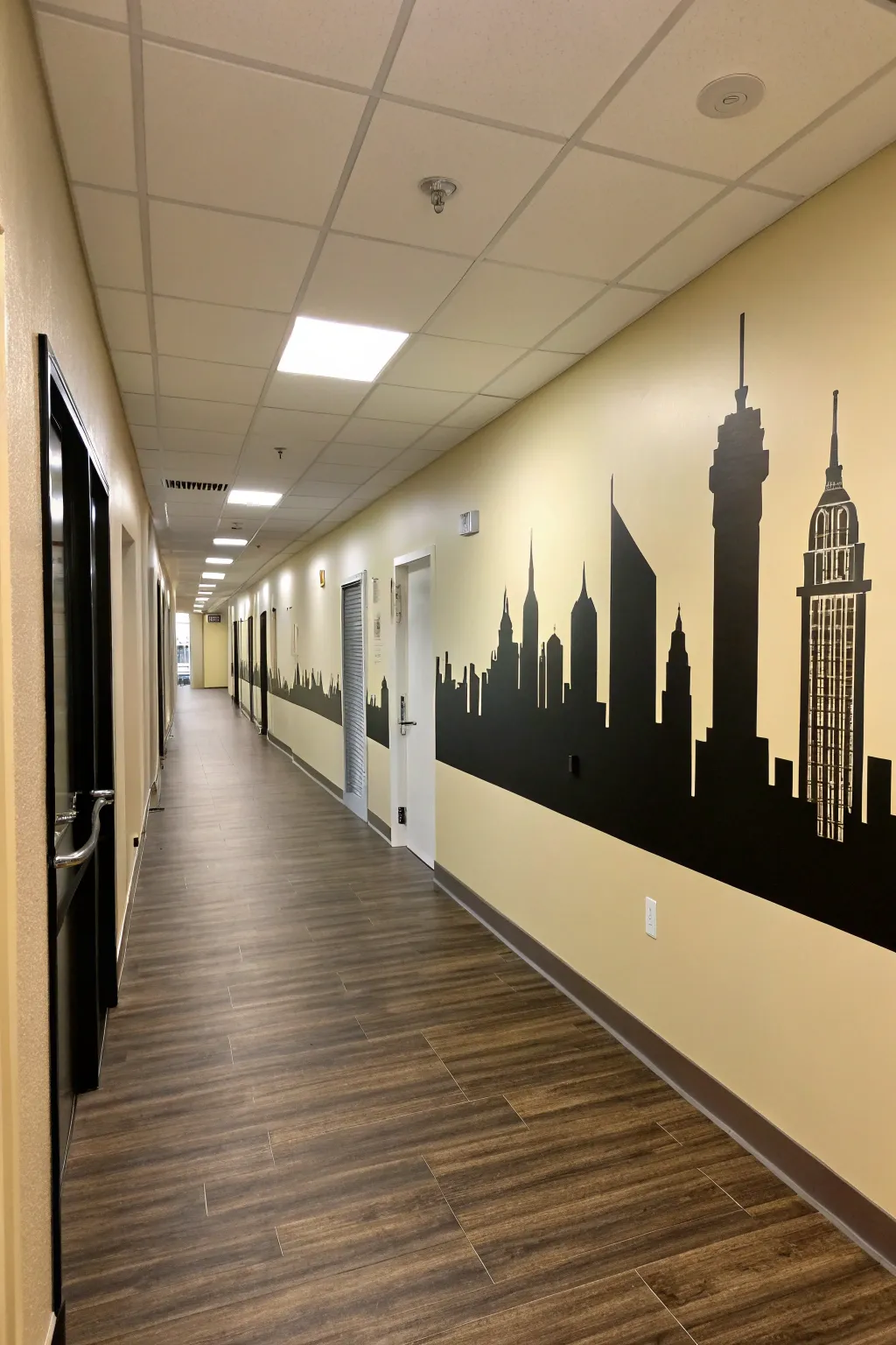 Minimal cityscape silhouette mural for bold hallway drama in Scandinavian boho style