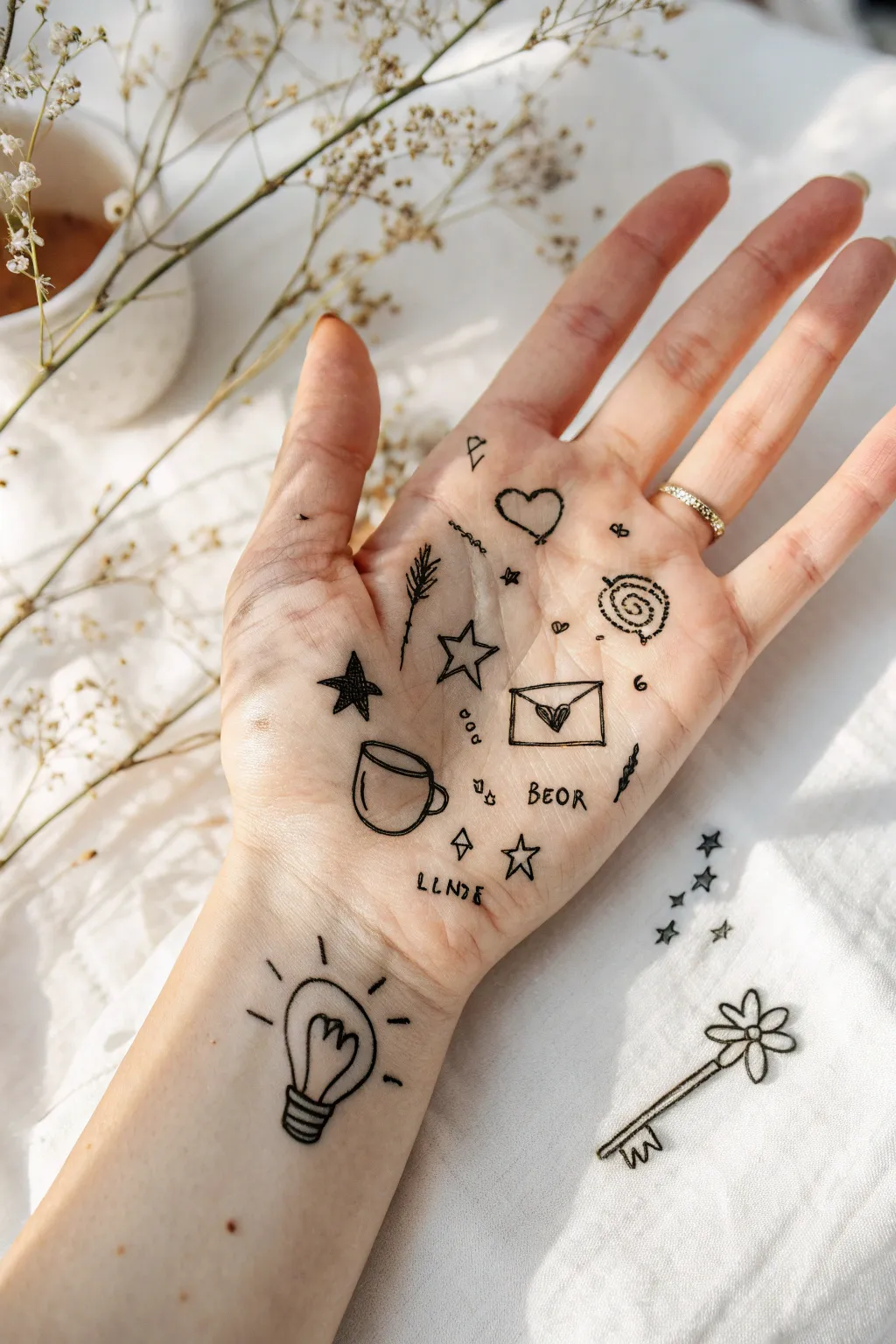 Tiny charm-like doodles scattered across a hand, minimalist ink details on warm neutral tones