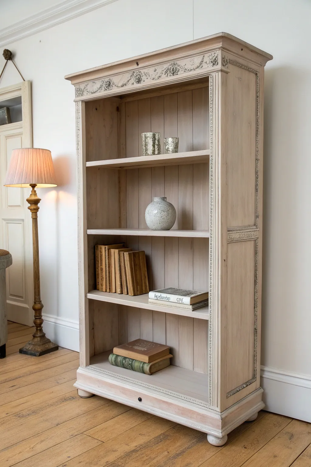 Softly distressed hand-painted bookcase, timeworn edges and warm lamp glow in minimalist style